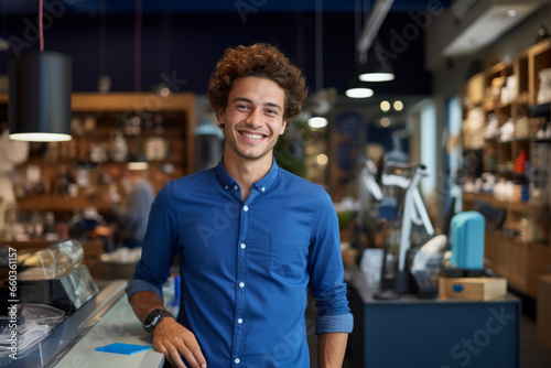 Smiling, young and attractive salesman, cashier serving customers in a consumer electrical store photo