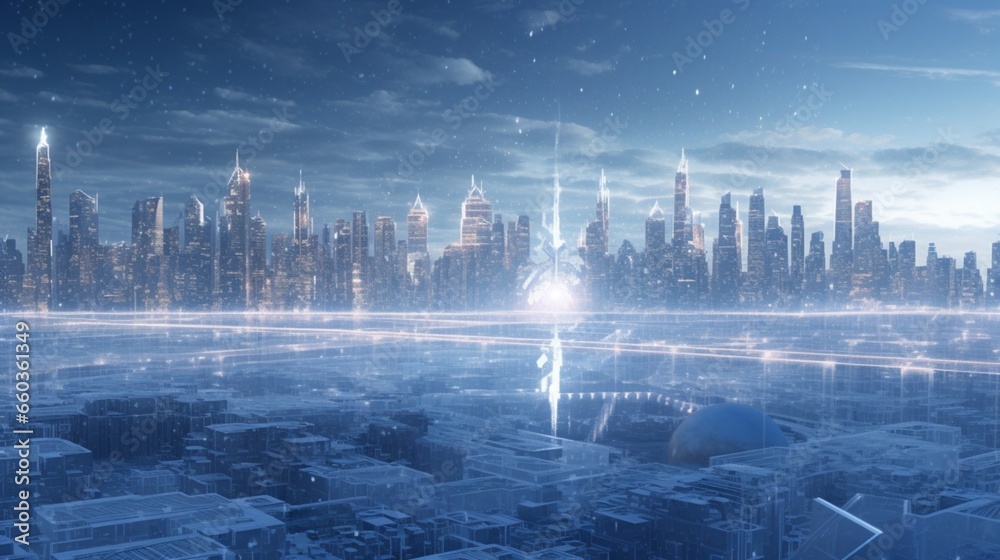 Snowflakes in the digital city create a mesmerizing spectacle, enhancing the urban landscape. 