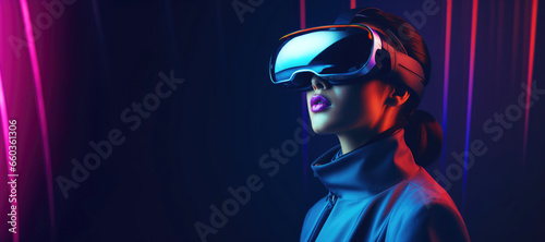 Young woman wearing VR headset or glasses in futurisitic virtual reality cyberspace or metaverse background banner with copy space © Axel Bueckert