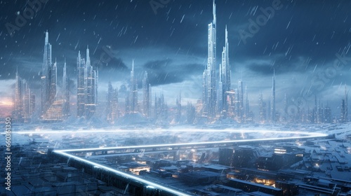 Snowflakes in the digital city create a mesmerizing urban landscape  capturing the imagination. 