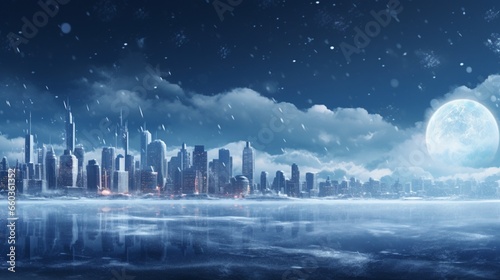Snowflakes in the digital city create a mesmerizing urban landscape, capturing the imagination. 