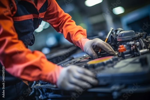 Close up of car mechanic woman hands working repair in background of auto repair service electric battery and maintenance. Working concept of repairs and inspections.