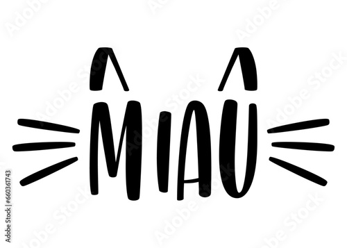 Logo pet friendly. Letras de la palabra miau en español en texto manuscrito con forma de cabeza de gato