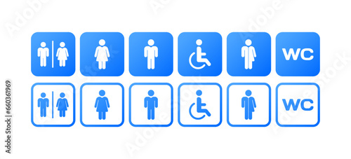 WC toilet icon. Flat, blue, toilet for disabled people icons, symbols for the toilet, WC symbols. Vector icons