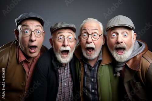 Shocked senior old men standing together in amazement