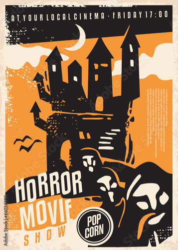 Horror movies fest poster design with shady hooded creatures and dark castle graphic. Vintage flyer design for horror cinema. Vector illustration.