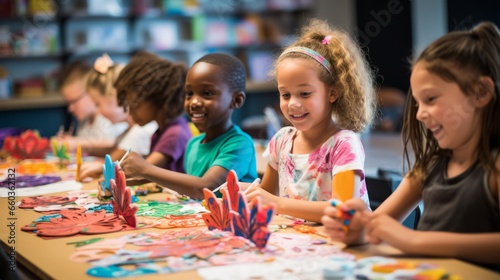 happy kids doing arts and crafts in a school day care center classroom