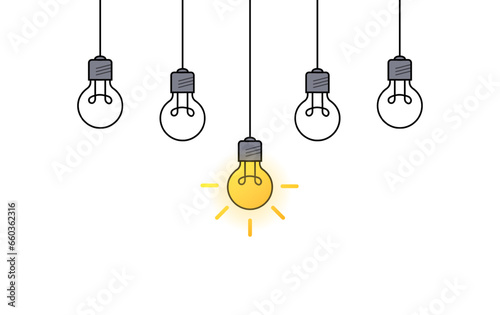 Glowing and extinguished light bulbs. Flat, color, new idea illustration, glowing light bulb, extinguished light bulb. Vector illustration