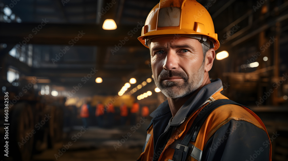 Portrait of Industry maintenance engineer man wearing uniform and safety hard hat on factory station. Industry, Engineer, construction concept. Generative AI Portrait of Industry maintenance engineer man wearing uniform and safety hard hat on factory station. Industry, Engineer, construction concept. Generative AI