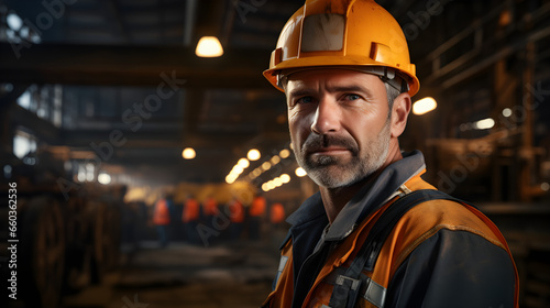 Portrait of Industry maintenance engineer man wearing uniform and safety hard hat on factory station. Industry, Engineer, construction concept. Generative AI
