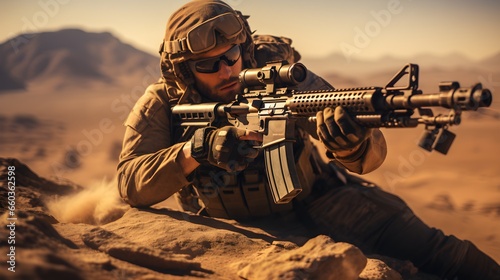 Military sniper in the desert. Sniper mercenary with a rifle aims at the enemy. Generative AI photo