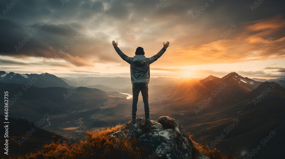 Man standing on top of a mountain peak, hands raised, success and ambition, career and hiking concept. Generative AI Man standing on top of a mountain peak, hands raised, success and ambition, career and hiking concept. Generative AI