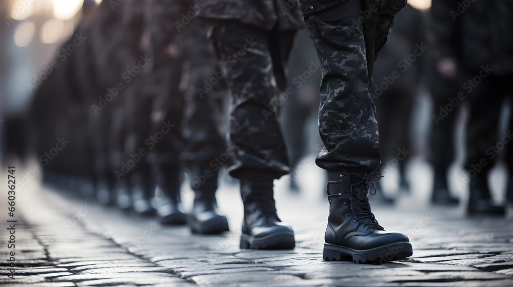 Marching army of men in uniform and boots. close up. Generative AI Marching army of men in uniform and boots. close up. Generative AI