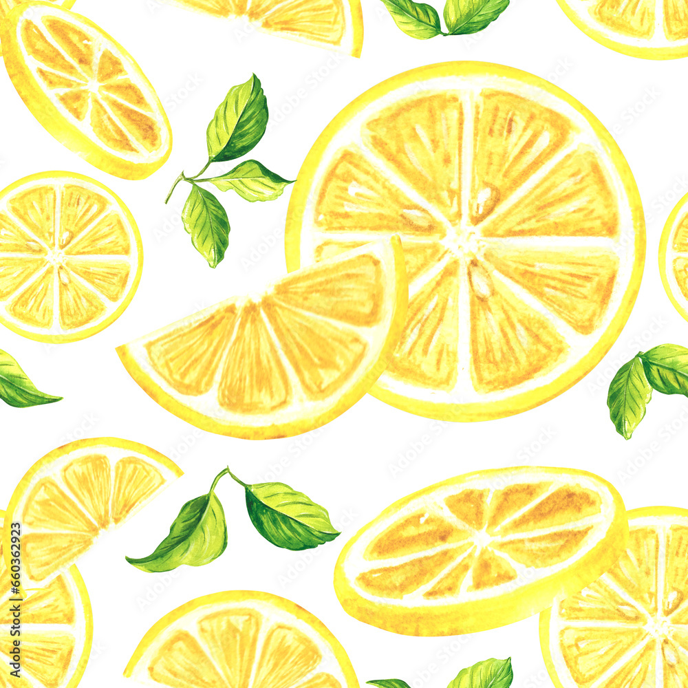 Slices of lemons and green leaves Seamless pattern Creative summer citrus print Watercolor decorative hand drawn illustration for design, textile, printing packaging, wrapping paper and covers Slices of lemons and green leaves Seamless pattern Creative summer citrus print Watercolor decorative hand drawn illustration for design, textile, printing packaging, wrapping paper and covers