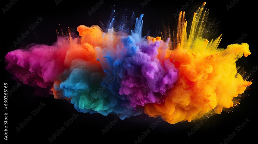 Colorful paint falls from above mixed with water. Ink swirls underwater, Exploding color powder in rainbow colors on black background