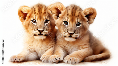 Image of two baby lions cubs cuddle together on white background