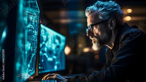 Focused older individual in glasses working on computer looking at programming code data. Older individuals navigate technology. Cyber security digital tech reflecting. Generative AI © PSCL RDL