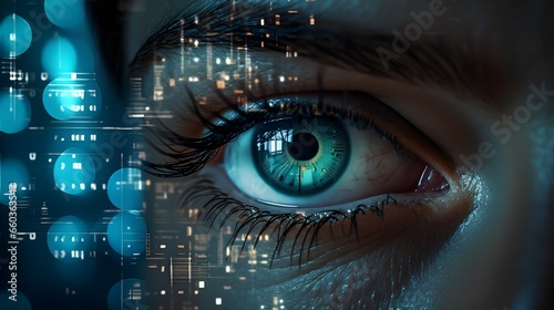 Close-up of Eyes and Glasses with Tech Reflection, Cyber Security Concept. Generative AI