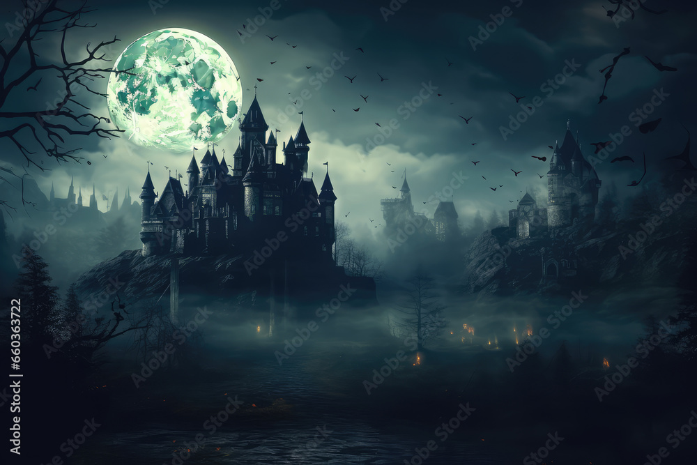 Halloween background with haunted castle and full moon.