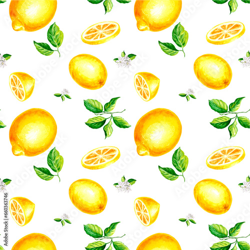 Seamless pattern with lemons, slices and green leaves with white flowers Summer citrus print Watercolor hand drawn illustration for design, textile, printing packaging, wrapping paper and covers.