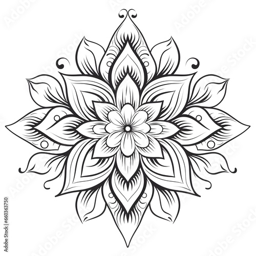 Circular pattern in the form of a mandala. Henna tatoo mandala. Mehndi style. Decorative pattern in oriental style. Coloring book page. Generative AI