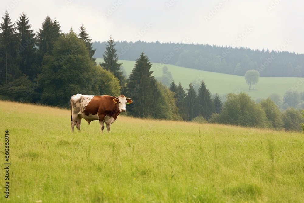 Dairy cow grazing in Czech pasture. Generative AI