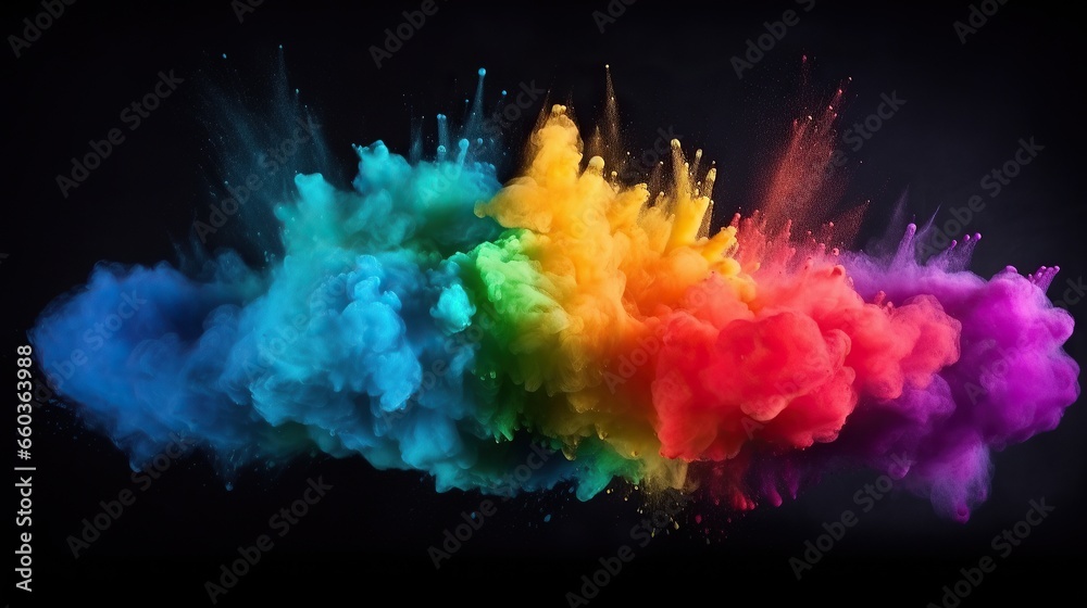 Colorful paint falls from above mixed with water. Ink swirls underwater, Exploding color powder in rainbow colors on black background Colorful paint falls from above mixed with water. Ink swirls underwater, Exploding color powder in rainbow colors on black background