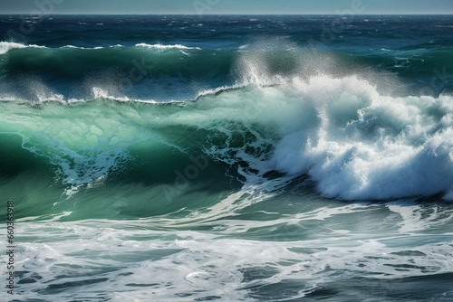 turbulent sea waves, green-blue color, tempestuous ocean view. Generative AI