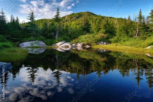 Scenic summit mirrored in serene pond. Generative AI