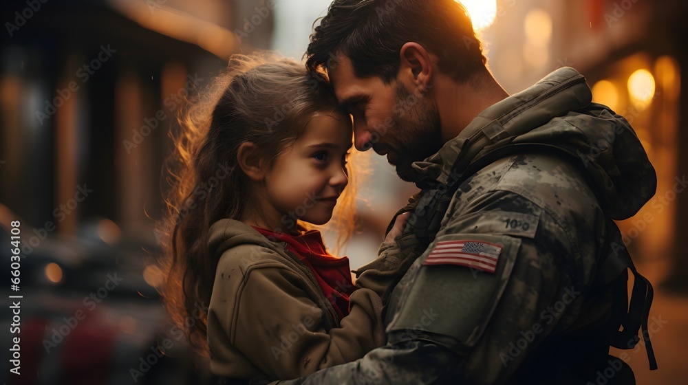 Affectionate military reunion between father and daughter. Generative AI Affectionate military reunion between father and daughter. Generative AI