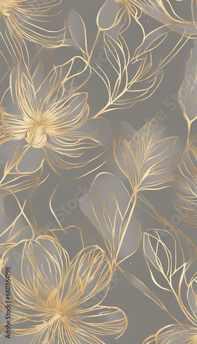 Minimal luxury style wallpaper with golden line art flower and botanical leaves background