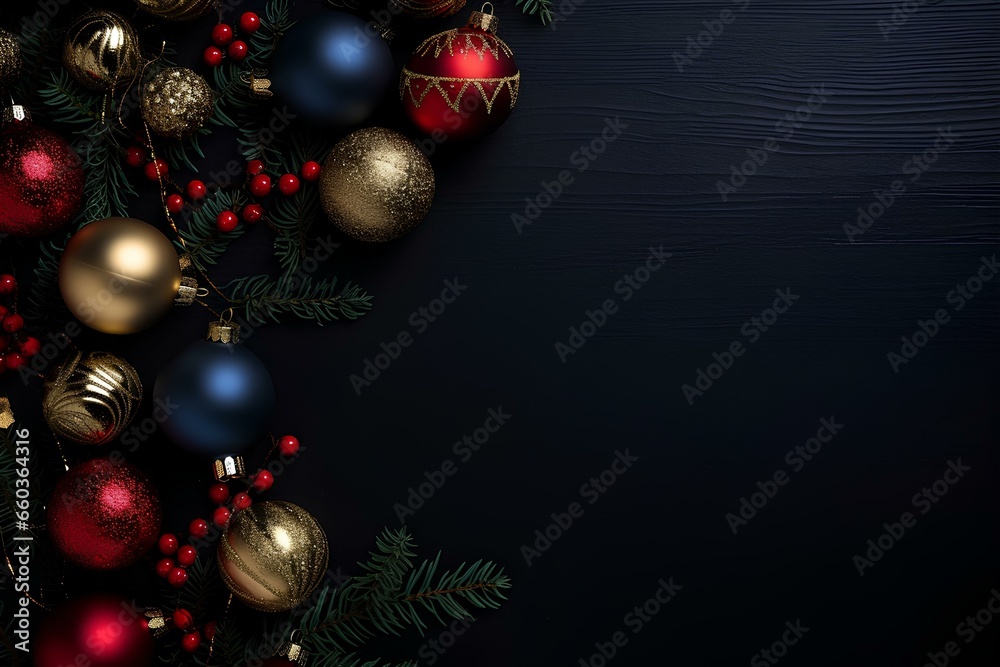 Shiny Christmas decorations on dark blue background with copy space.