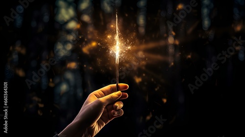 A magic wand in his hand shining with a mysterious magical light. Illustration of fantasy.