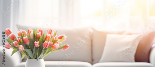 close up of a modern living room with sofa and flowers  