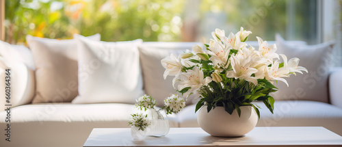 close up of a modern living room with sofa and flowers  