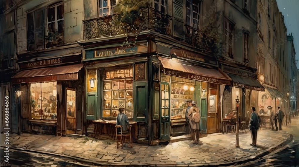 Watercolors in vintage style of an old cafe in the city of Paris.