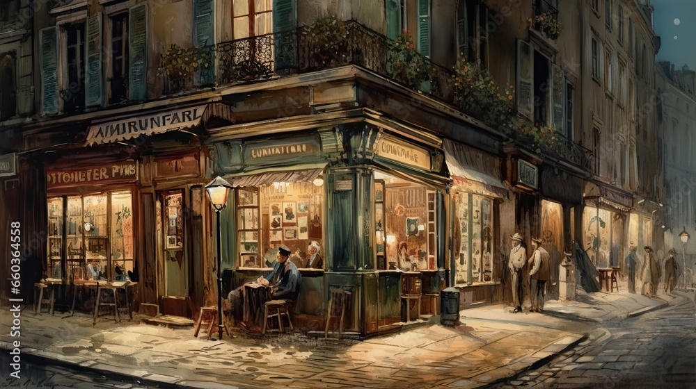 Watercolors in vintage style of an old cafe in the city of Paris.