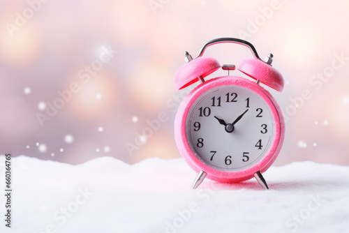 Pink alarm clock on the background of a winter landscape