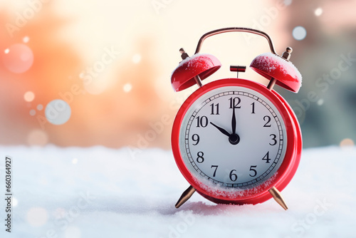 Red alarm clock on the background of a winter landscape