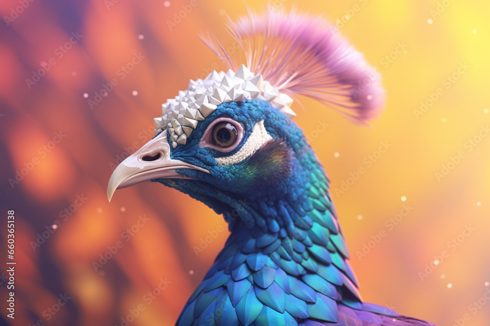 Obraz premium A pastel-colored geometric-themed Peacock illustration with angular shapes and delicate pastel shades, capturing the wisdom and grace of this majestic bird. 