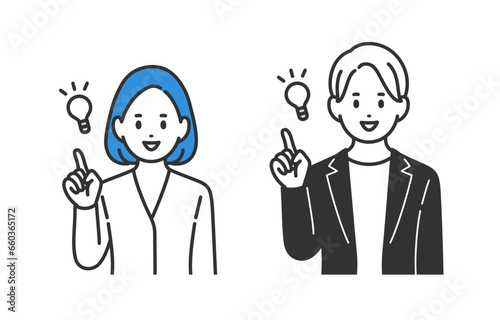 ひらめきのポーズをするビジネスパーソン男女のセット【人物ベクターイラスト素材】