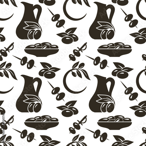 Olive seamless pattern Branch with leaf and fruit isolated. Olives oil stencil Vector stock illustration. EPS 10