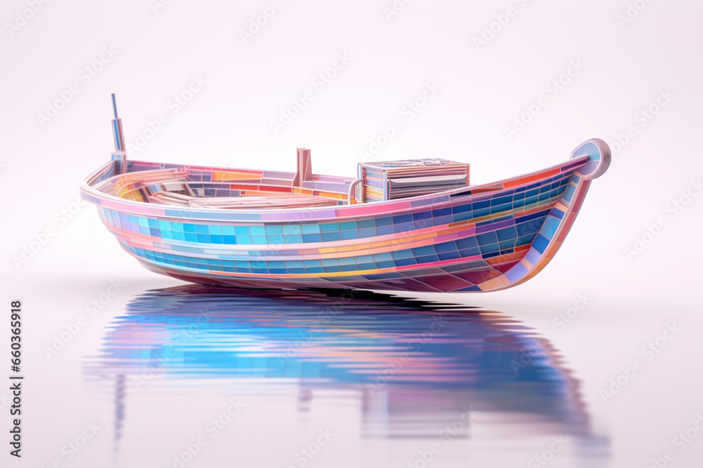 A pastel-colored geometric-style Boat artwork with intricate geometric shapes and soft pastel hues, showcasing the beauty of nature in a modern design.