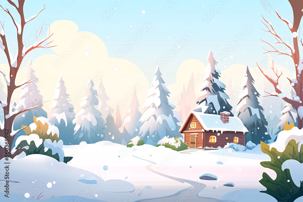  Winter solstice solar term, forest snow house winter outdoor travel illustration