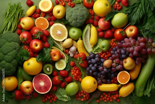 Overhead shot of nourishing fruits and vegetables on a nutritious backdrop  offering room for text. Generative AI