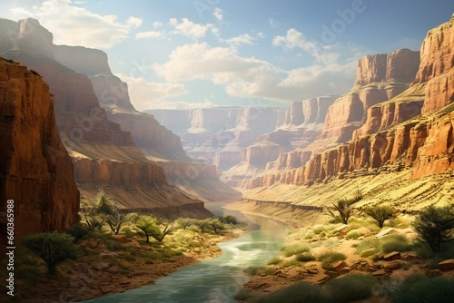 A concealed waterway runs through the majestic landscape of the Grand Canyon. Generative AI © Thomas