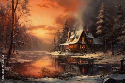 A lifelike winter scene of a snowy forest, frozen lake, and wooden cottage. Generative AI