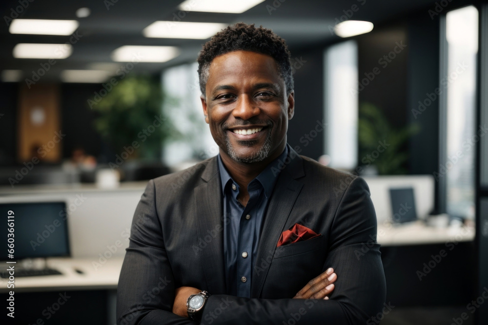 Smiling black executive posing with his arms crossed at the office looking at the camera Smiling black executive posing with his arms crossed at the office looking at the camera