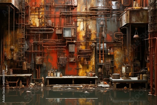 An unconventional vacant area showcasing corroded metallic panels, lustrous diverse items, and structural backdrop; depicted through 3D artwork. Generative AI