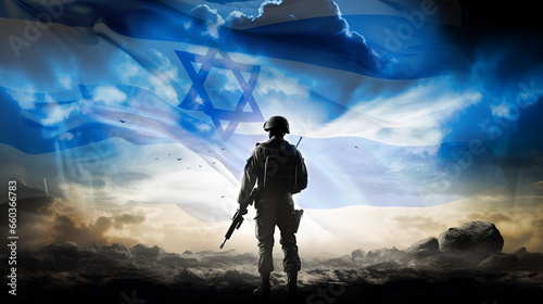 Silhouette of a modern armed soldier against the background of an evening city against the backdrop of a desert sunrise and the flag of Israel. The concept Arab-Israeli conflict.